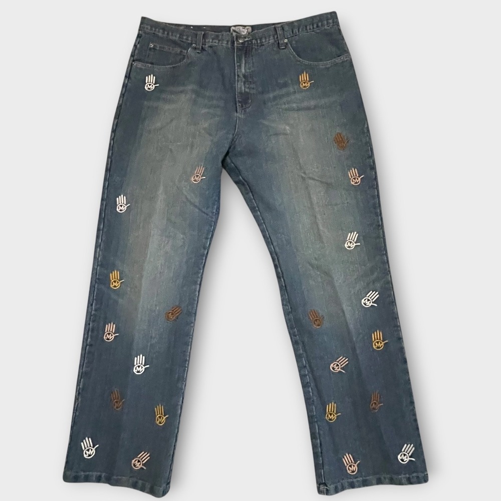 Miskeen Jeans Mens Size 40 Embroidered Smiley Hand Y2K Denim‎ Jeans Pants Blue